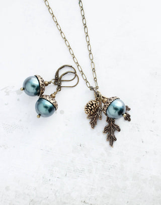 Pearl Acorn Charm Necklace -ANTIQUED BRASS