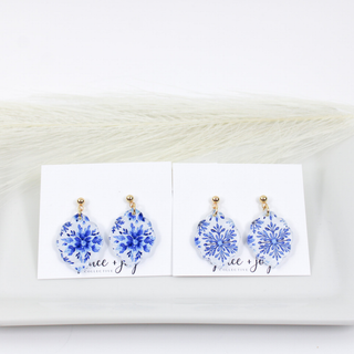 Blue Snowflake Scalloped Dangle Earrings, Christmas Winter: More white