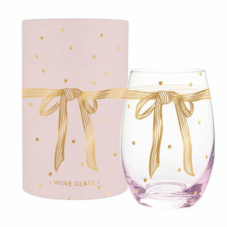 Gold Foil Stemless Wine Glass - Lilac Bow: 17oz, 4.5" H