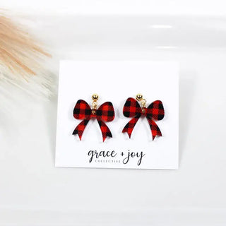 Red and Black Buffalo Plaid Bow Dangle Earrings, Acrylic