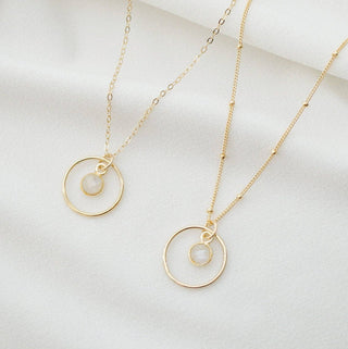 Gold Circle Hoop with Moonstone on 14K Gold fill Necklace: 18" Box Chain