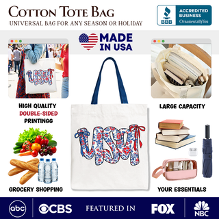 Floral USA Patriotic Canvas Tote Bag, 4th of July Gift Shopper for Stylish Women: Red Handle