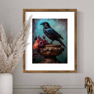 Black Raven and Moody Flowers Wall Art RA48 black wooden frame