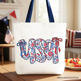 Floral USA Patriotic Canvas Tote Bag, 4th of July Gift Shopper for Stylish Women: Red Handle