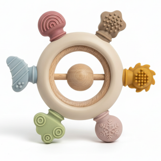 Rainbow Spokes Silicone Teether with Wooden Rattle Baby Gift