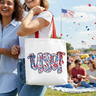 Floral USA Patriotic Canvas Tote Bag, 4th of July Gift Shopper for Stylish Women: Red Handle