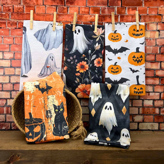 Halloween Ghosts & Fall Flowers Waffle Towels - Fall Decor