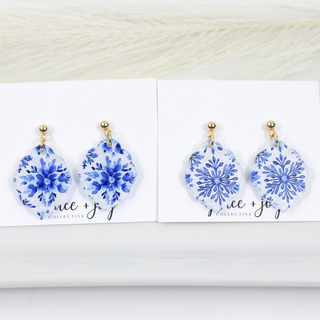 Blue Snowflake Scalloped Dangle Earrings, Christmas Winter: More white