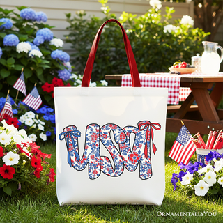 Floral USA Patriotic Canvas Tote Bag, 4th of July Gift Shopper for Stylish Women: Red Handle