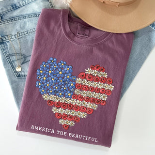 America The Beautiful, Flowers, Heart Flag, Patriotic Tshirt: White / Medium