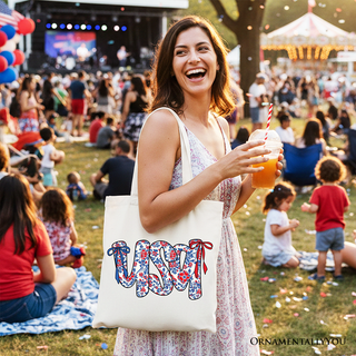 Floral USA Patriotic Canvas Tote Bag, 4th of July Gift Shopper for Stylish Women: Red Handle