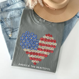 America The Beautiful, Flowers, Heart Flag, Patriotic Tshirt: White / Small