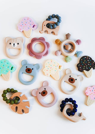 Rainbow Spokes Silicone Teether with Wooden Rattle Baby Gift