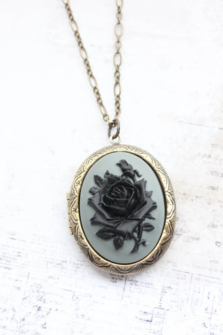 Black Rose Necklace | Locket Necklace | Cameo Necklace: 20 Inches