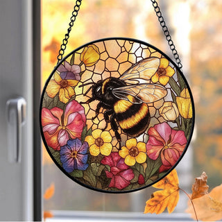 Bee Wildflower Suncatcher, Bee Stained Glass Ornament: 4in
