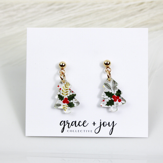 Mini Christmas Tree Dangle Earrings, Holly Berry earrings