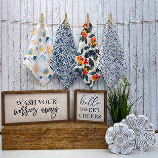 Navy Blue Floral Pattern Waffle Kitchen Washcloths