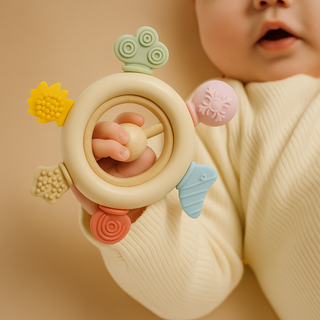 Rainbow Spokes Silicone Teether with Wooden Rattle Baby Gift
