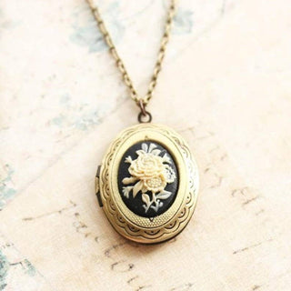 Cameo Locket Necklace - Ivory and Black Flower: 18 Inches