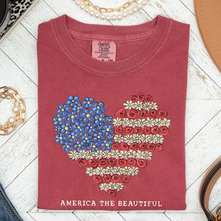 America The Beautiful, Flowers, Heart Flag, Patriotic Tshirt: White / Medium