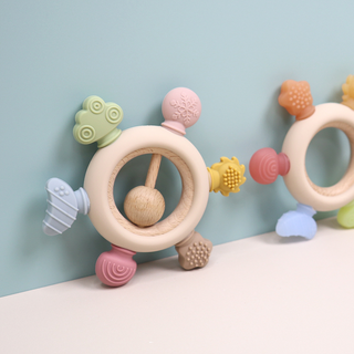Rainbow Spokes Silicone Teether with Wooden Rattle Baby Gift