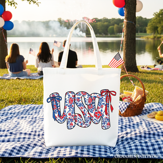 Floral USA Patriotic Canvas Tote Bag, 4th of July Gift Shopper for Stylish Women: Red Handle