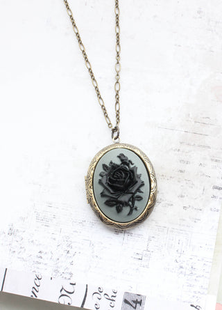 Black Rose Necklace | Locket Necklace | Cameo Necklace: 20 Inches