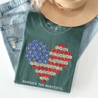 America The Beautiful, Flowers, Heart Flag, Patriotic Tshirt: White / Medium