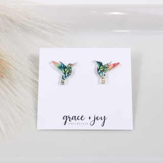 Hummingbird Stud Earring, Acrylic Earrings: Blue/Purple