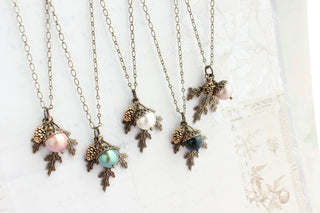 Pearl Acorn Charm Necklace -ANTIQUED BRASS