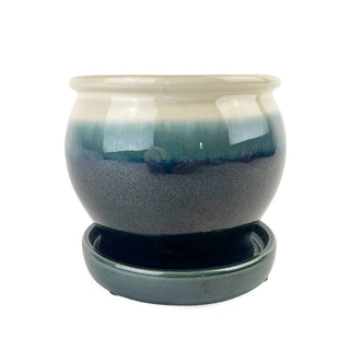 6" Dark Blue Ceramic Pot with Cream Rim & Attached Saucer