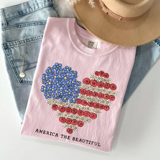 America The Beautiful, Flowers, Heart Flag, Patriotic Tshirt: White / Medium