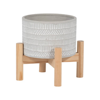 Planter & Wood Stand Ceramic Tribal Geometric - Ivory, 6 in.
