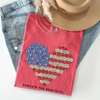America The Beautiful, Flowers, Heart Flag, Patriotic Tshirt: White / Medium