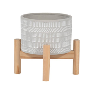 Planter & Wood Stand Ceramic Tribal Geometric - Ivory, 6 in.